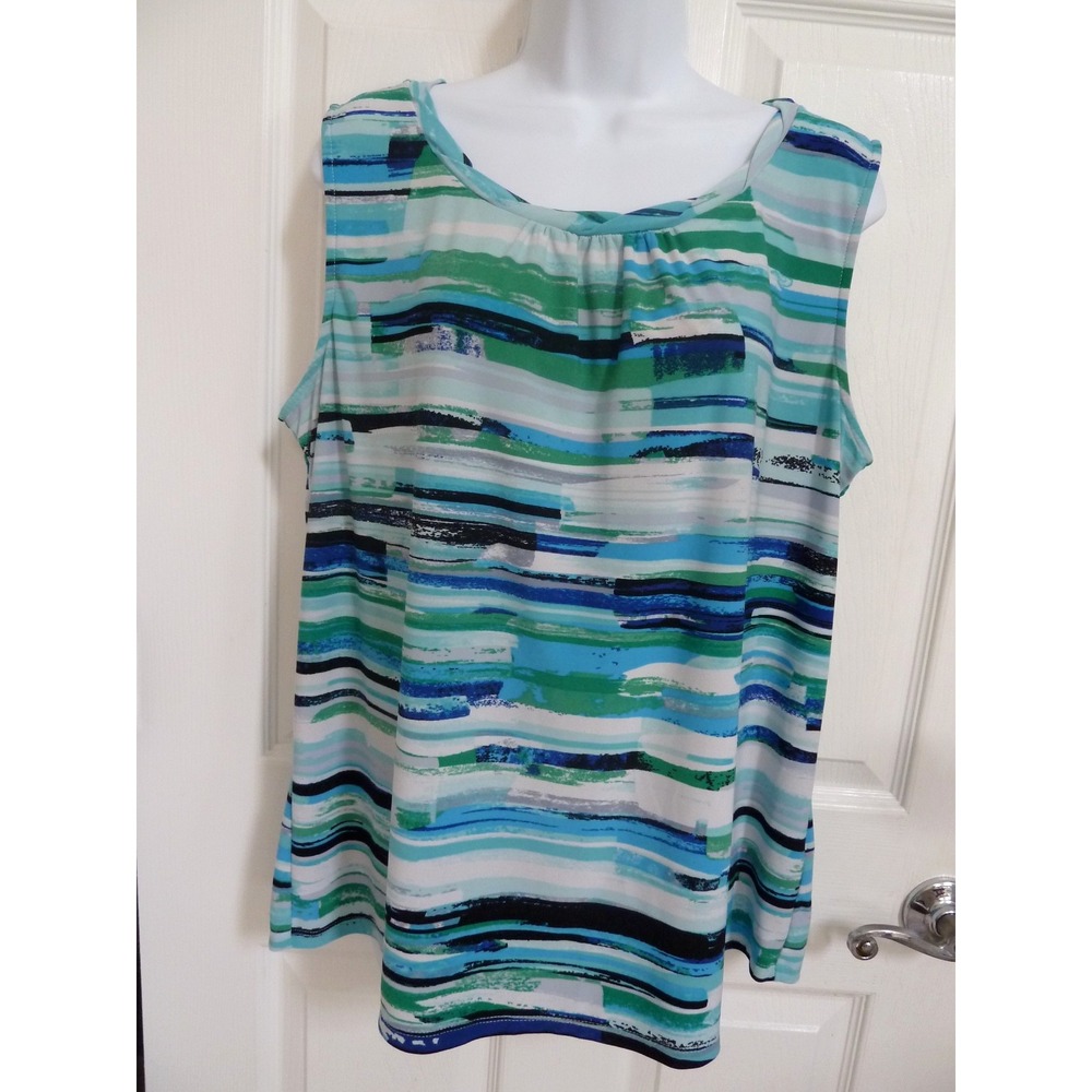 Kasper Women Sleeveless Striped Roll Neck Blouse XL Blue Green Career Office Top